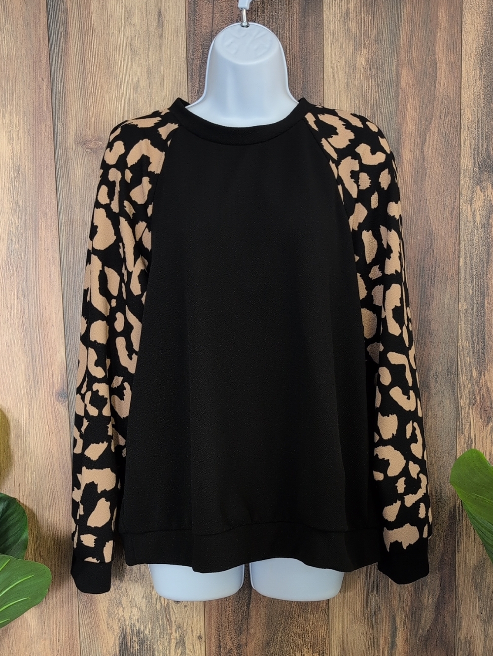 SHEIN Black Pullover Blouse with Beige Animal-Print Sleeves Top XL M37